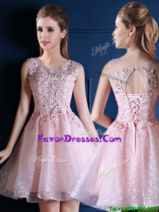 Pretty Baby Pink Scoop Prom Dresses with Appliques and Beading