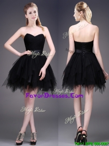 Pretty Best Selling Black Short Prom Dresses with Ruffles and Belt