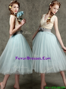 Pretty Hand Made Flowers and Belted V Neck Prom Dresses in Apple Green