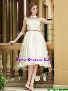 Pretty High Neck Champagne Prom Dresses with Appliques and Sashes