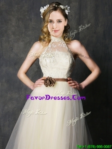 Pretty High Neck Champagne Prom Dresses with Hand Made Flowers and Lace