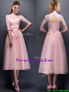Pretty Laced High Neck Half Sleeves Prom Dresses with Bowknot
