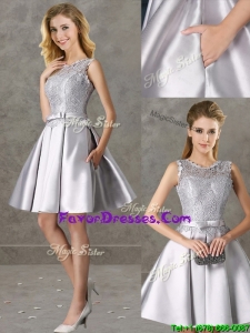 Pretty Laced and Bowknot Scoop Prom Dresses in Silver