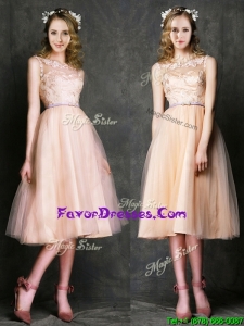 Pretty Laced and Sashed Scoop Prom Dresses in Peach
