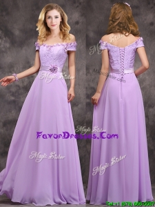 Pretty Off The Shoulder Long Prom Dresses with Hand Made Flowers