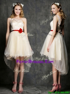 Pretty One Shoulder High Low Champagne Prom Dresses with Belt and Appliques