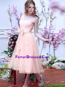 Pretty One Shoulder Prom Dresses with Bowknot and Hand Made Flowers