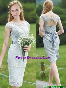 Pretty Scoop Cap Sleeves Sashes Prom Dresses in Grey