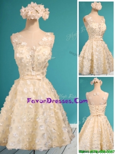 Pretty Scoop Champagne Short Prom Dresses with Appliques and Belt