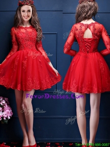 Pretty Scoop Three Fourth Length Sleeves Short Prom Dresses with Beading and Lace