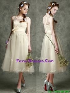 Pretty See Through Scoop Champagne Prom Dresses with Hand Made Flowers and Appliques