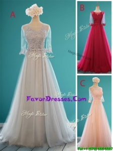 Pretty See Through Scoop Half Sleeves Prom Dresses with Appliques and Belt
