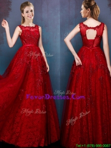 Pretty See Through Scoop Wine Red Prom Dresses with Beading and Appliques