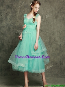 Pretty See Through Straps Prom Dresses with Appliques and Hand Made Flowers