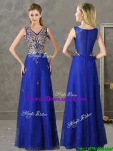 Pretty V Neck Appliques and Beading Prom Dresses in Royal Blue