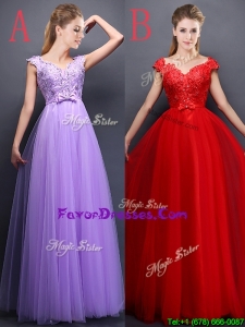Pretty V Neck Tulle Prom Dresses with Beading and Bowknot