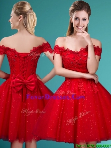 Pretty Off the Shoulder Cap Sleeves Prom Dresses with Beading and Bowknot