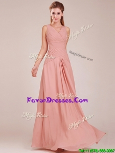 Pretty Ruched Decorated Bodice Peach Prom Dresses with V Neck