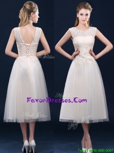 Pretty Tea Length Scoop Prom Dresses with Lace and Appliques