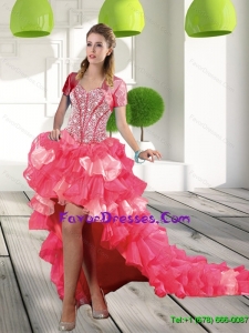 Most Popular Coral Red High Low Prom Dresses with Beading and Ruffled Layers