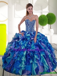 Remarkable Beading and Ruffles Sweetheart 2015 Sweet 15 Dresses in Multi Color