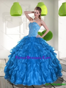2015 Exquisite Blue Quinceanera Dress with Ruffles and Beading