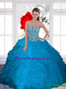 Exquisite Beading and Ruffles Sweetheart Teal Quinceanera Dresses for 2015