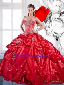 Exquisite Pick Ups and Appliques 2015 Red Quinceanera Dresses with Brush Train