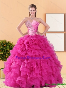 2015 Pretty Beading and Ruffles Quinceanera Dresses in Hot Pink
