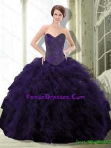 2015 New Style Dark Purple Sweet 15 Dress with Beading and Ruffle