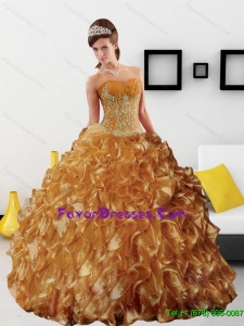 New Style Appliques and Ruffles 2015 Quinceanera Dress in Gold