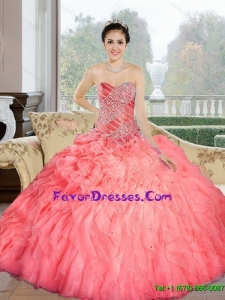 Pretty 2015 Beading and Ruffles Sweetheart Quinceanera Dresses in Watermelon