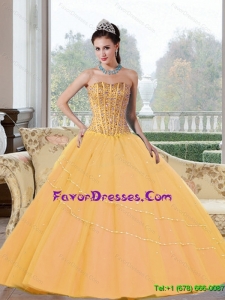 New Style Beading Strapless 2015 Quinceanera Dresses in Gold