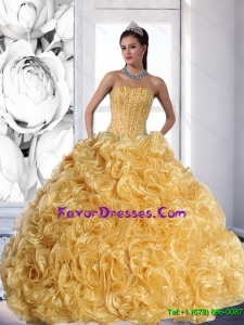 New Style Strapless Gold 2015 Quinceanera Dress with Beading and Rolling Flowers
