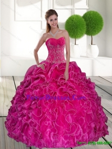 2015 Comfortable Hot Pink Sweet 16 Dresses with Ruffles and Appliques