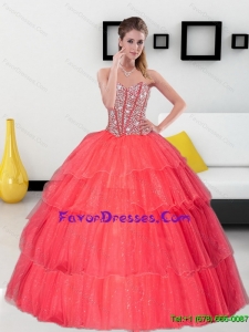 Flirting Beading and Ruffled Layers Sweetheart Coral Red Sweet 16 Dresses for 2015