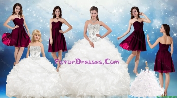 Perfect Beading White Sweetheart Quinceanera Gown and Sweetheart Short Dama Dresses and Beading and Ruffles Flower Girl 