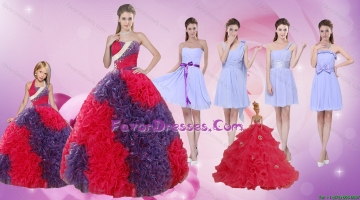 Elegant Multi Color Floor Length Quinceanera Dress and Ruching Short Dama Dresses and Multi Color Halter Top Litter Girl