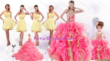 Perfect Beading and Ruffles Quinceanera Dress and Beading Yellow One Shoulder Dama Dresses and Multi Color Ball Gown Pag