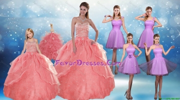 Perfect Beading Floor Length Quinceanera Dress and Short Ruching Prom Dresses and Watermelon Halter Top Little Girl Dres