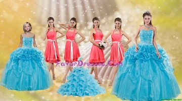 Pick Ups Floor Length Baby Blue Quinceanera Dress and Watermelon Halter Top Sash Dama Dresses and Pretty Ruffles Little 