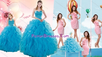 Teal Sweetheart Beading and Ruffles Sweet 16 Dress and Hand Made Flowers and Ruching Baby Pink Dama Dresses and Halter T