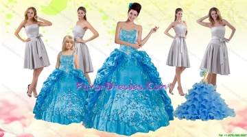 Teal Sweetheart Embroidery Quinceanera Dress and Strapless Short Dama Dresses and Spaghetti Straps Ruffles Flower Girl D