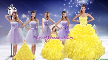 Yellow Sweetheart Beading Ruffles Quinceanera Dress and Lavender Short Dama Dresses and Beading Ruffles Little Girl Dres