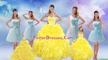 Yellow Sweetheart Rufflers Beading Quinceanera Dress and Bownot Short Prom Dresses and Yellow Spaghetti Straps Beading P
