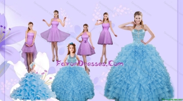 Beading Pretty Aqua Blue Quinceanera Gown and Lilac Short Dama Dresses and Halter Top Ruffles Pageant Dresses for Little