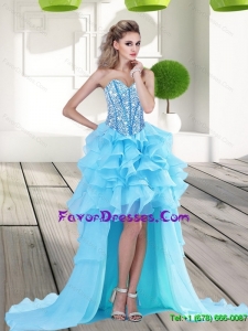 2015 Pretty Aqua Blue High Low Prom Dress with Beading and Ruffles