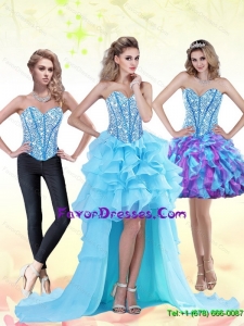 Detachable Aqua Blue High Low 2015 Prom Dress with Beading and Ruffles