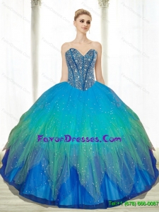 2015 Pretty Beading Sweetheart Tulle Turquoise Quinceanera Dresses