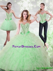2015 Pretty Beading and Ruffles Sweetheart Quinceanera Gown in Apple Green